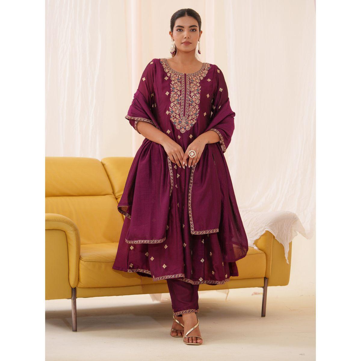 دي دبليو × ستايلي-  طقم قميص كورتا مطرز بالزهور مع بنطلون ووشاح-women-clothing-ethnicwear-kurtasets-image-1