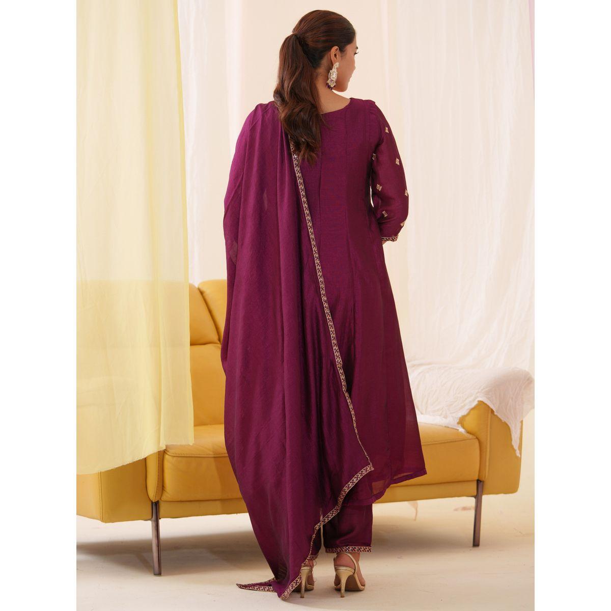 دي دبليو × ستايلي-  طقم قميص كورتا مطرز بالزهور مع بنطلون ووشاح-women-clothing-ethnicwear-kurtasets-image-2