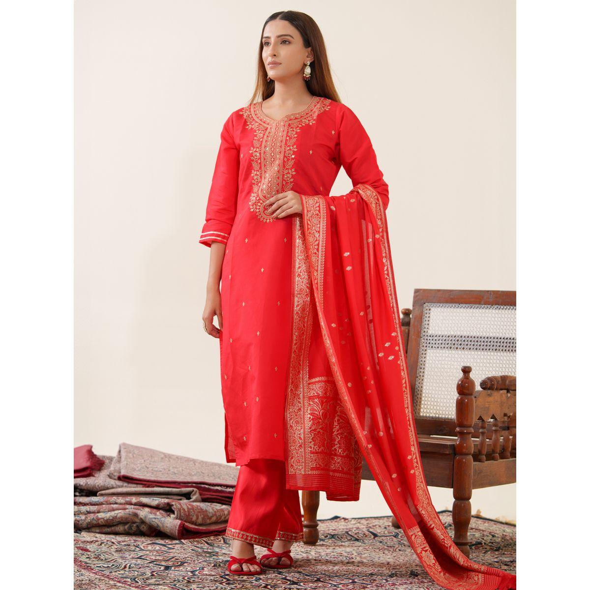 دي دبليو × ستايلي-  طقم قميص كورتا مستقيم مزخرف مع بنطلون ووشاح-women-clothing-ethnicwear-kurtasets-image-3