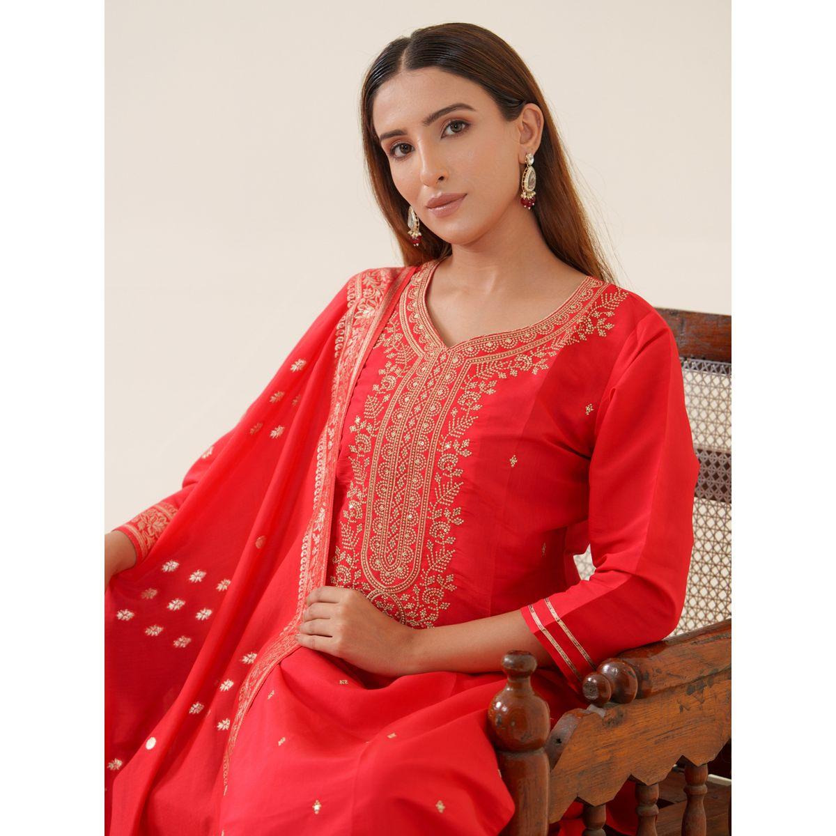 دي دبليو × ستايلي-  طقم قميص كورتا مستقيم مزخرف مع بنطلون ووشاح-women-clothing-ethnicwear-kurtasets-image-4