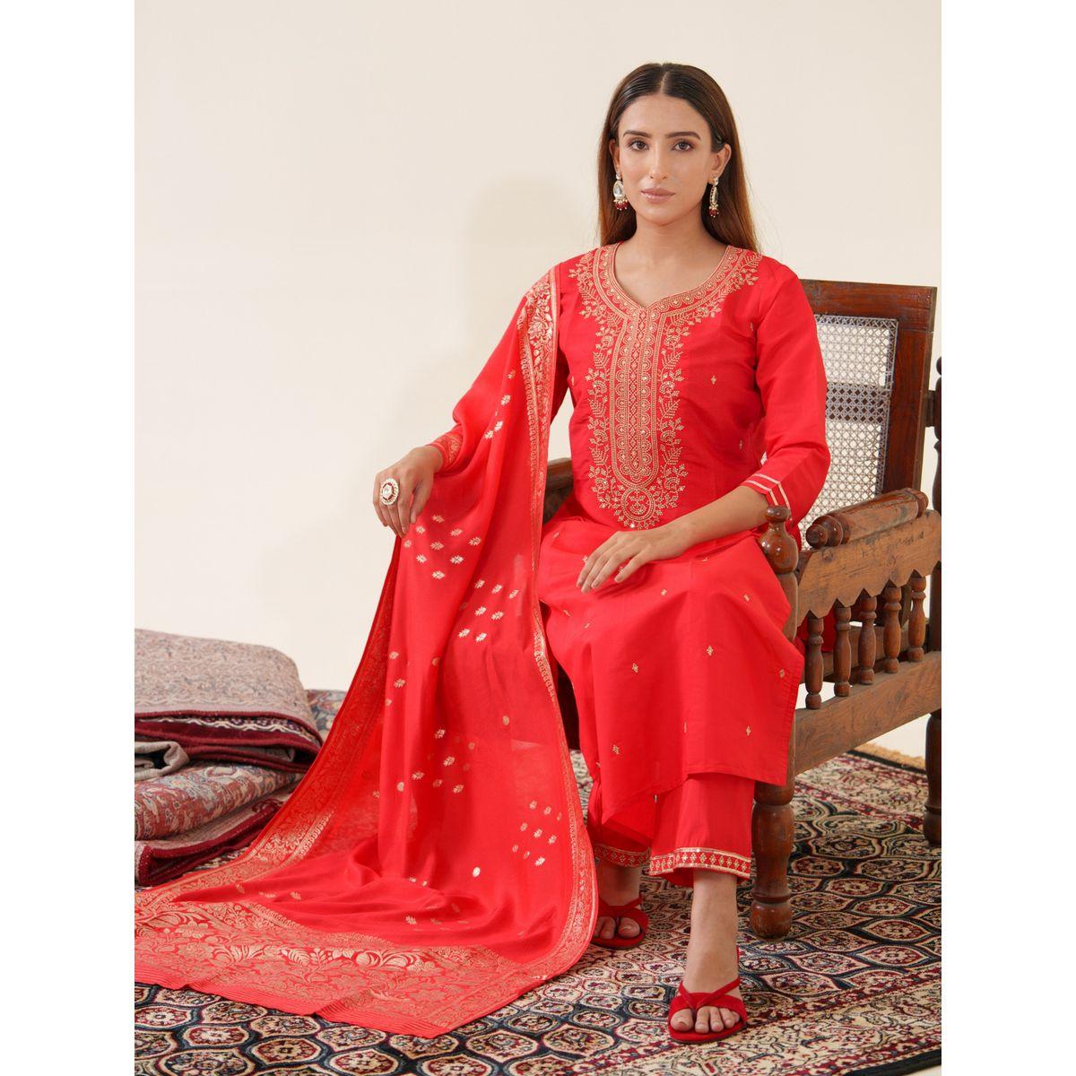 دي دبليو × ستايلي-  طقم قميص كورتا مستقيم مزخرف مع بنطلون ووشاح-women-clothing-ethnicwear-kurtasets-image-5