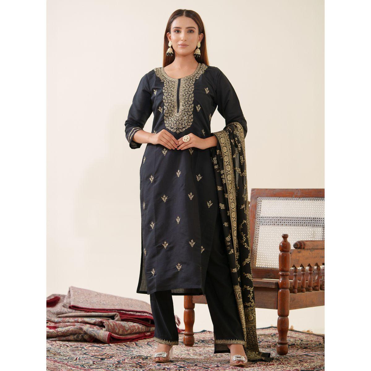 DW X Styli Embroidered Straight Kurta with Trouser and Dupatta Set-women-clothing-ethnicwear-kurtasets-image-1
