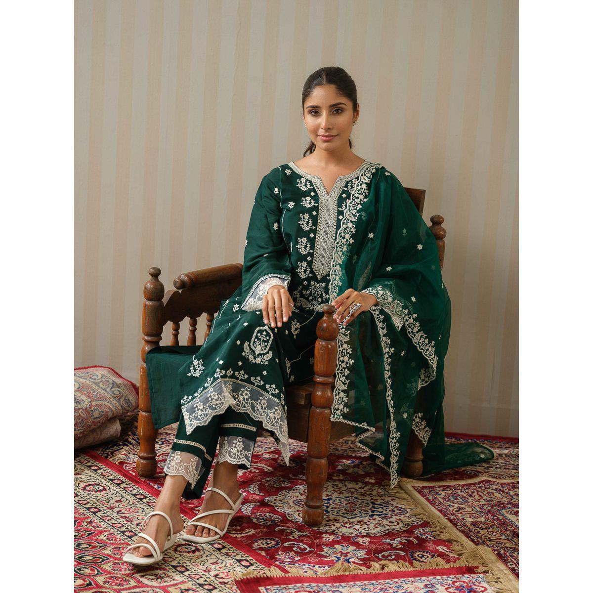 دي دبليو × ستايلي-  طقم قميص كورتا مستقيم مطرز مع بنطلون ووشاح-women-clothing-ethnicwear-kurtasets-image-4