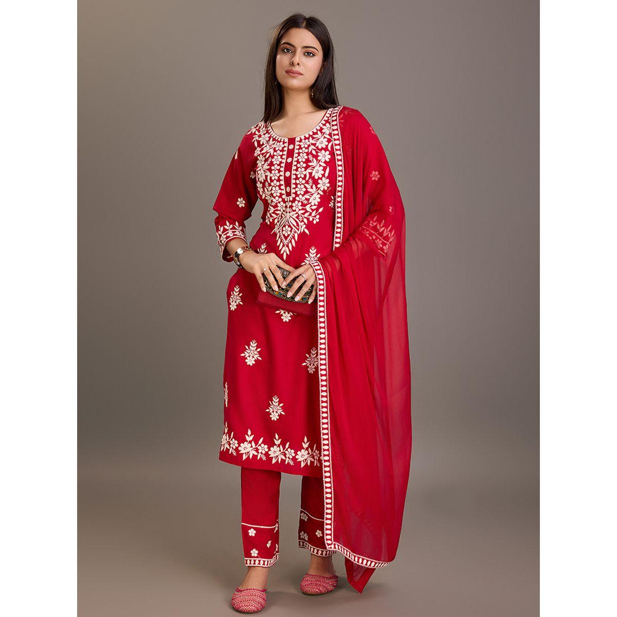 دي دبليو × ستايلي- طقم قميص كورتا رقبة دائرية مطرزة بالزهور مع بنطلون ووشاح-women-clothing-ethnicwear-kurtasets-image-1