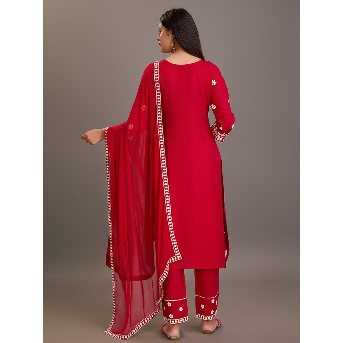 دي دبليو × ستايلي- طقم قميص كورتا رقبة دائرية مطرزة بالزهور مع بنطلون ووشاح-women-clothing-ethnicwear-kurtasets-image-2