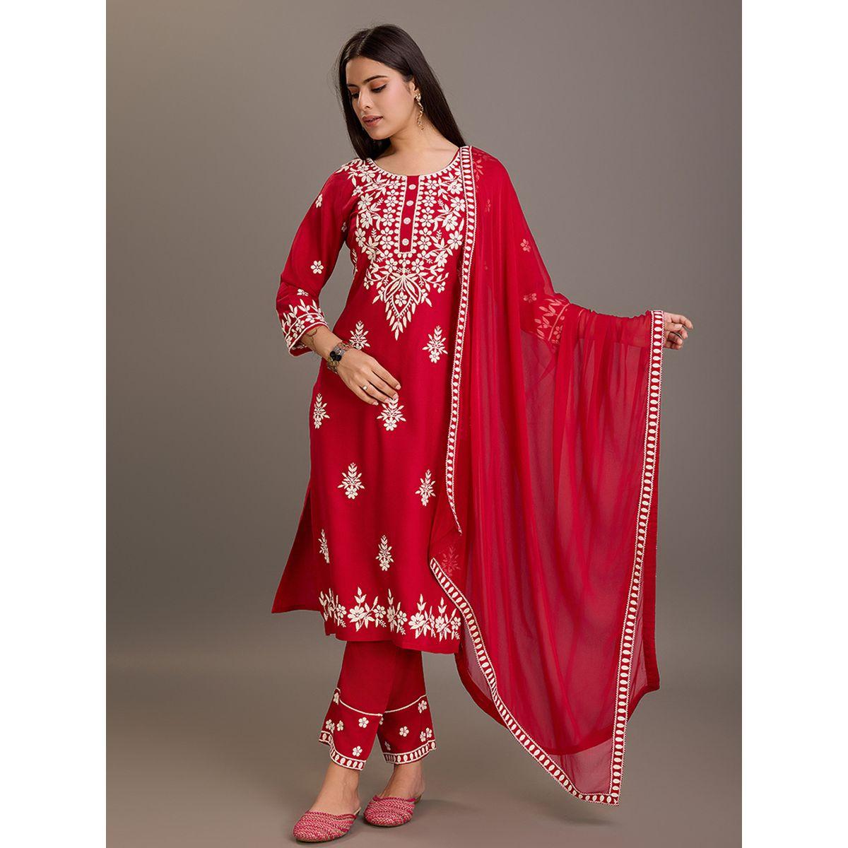 دي دبليو × ستايلي- طقم قميص كورتا رقبة دائرية مطرزة بالزهور مع بنطلون ووشاح-women-clothing-ethnicwear-kurtasets-image-3