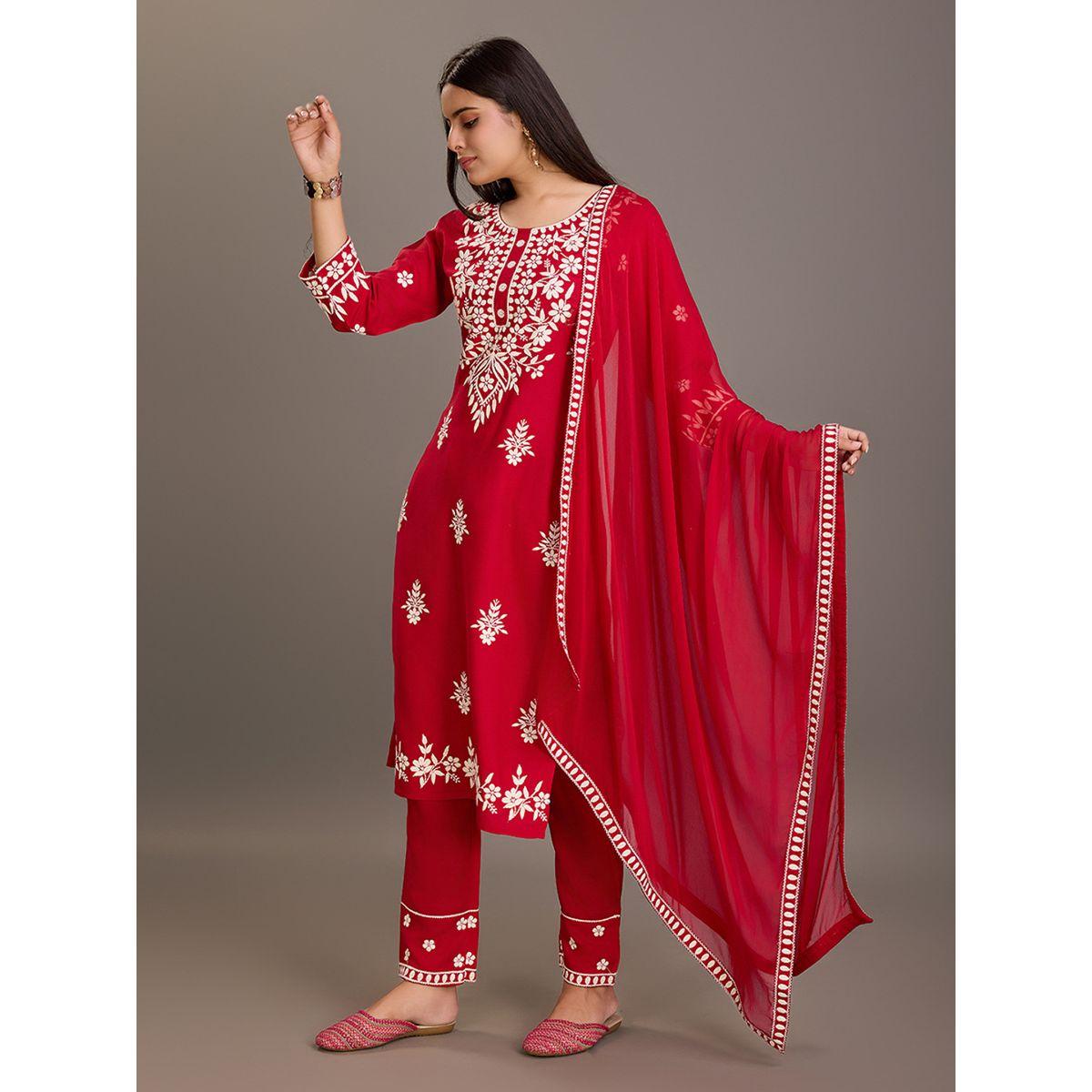 دي دبليو × ستايلي- طقم قميص كورتا رقبة دائرية مطرزة بالزهور مع بنطلون ووشاح-women-clothing-ethnicwear-kurtasets-image-4