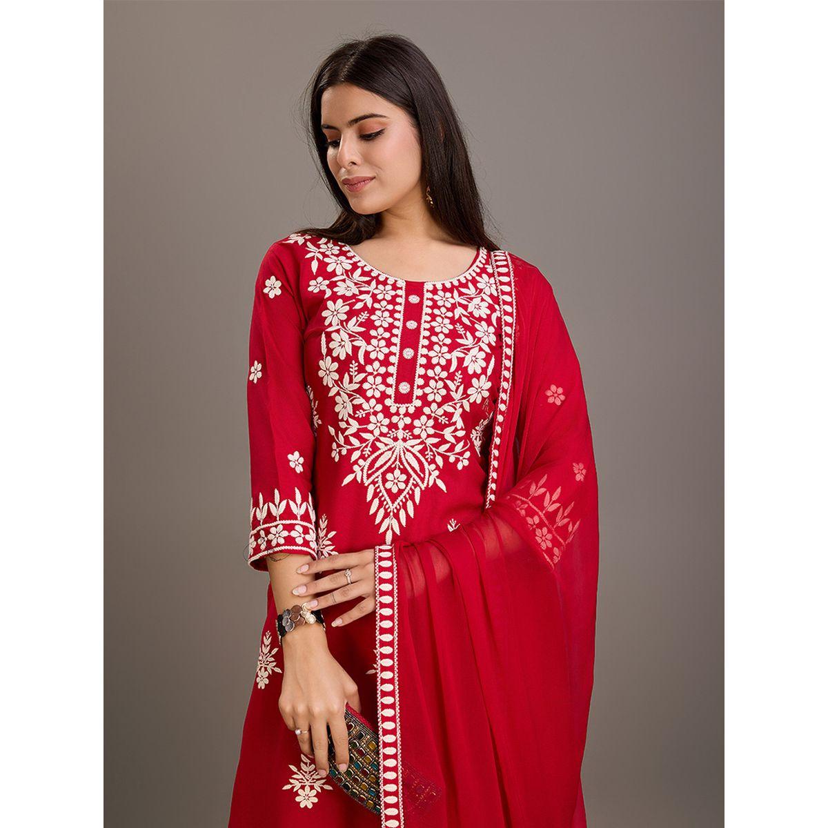 دي دبليو × ستايلي- طقم قميص كورتا رقبة دائرية مطرزة بالزهور مع بنطلون ووشاح-women-clothing-ethnicwear-kurtasets-image-5