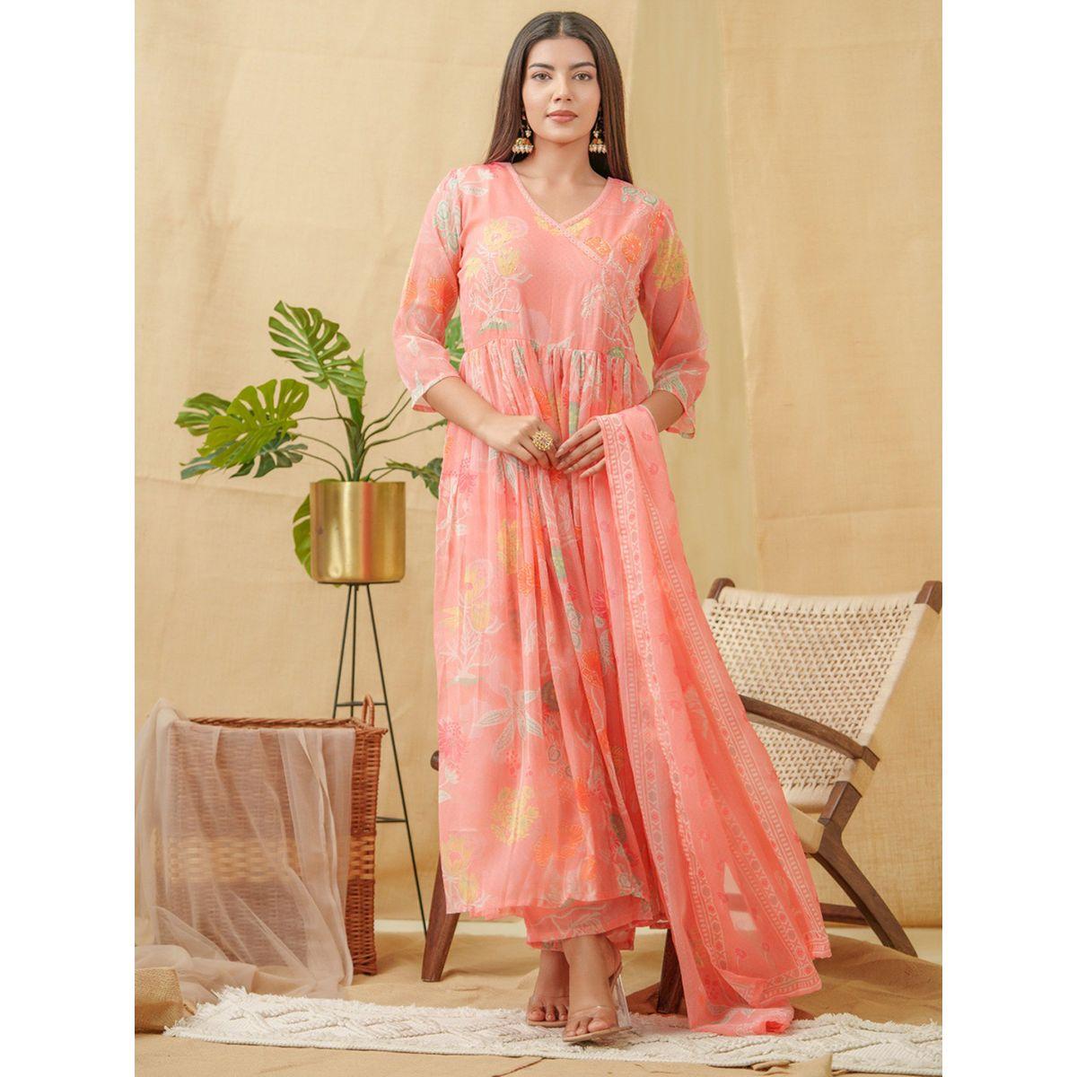 دي دبليو × ستايلي-  طقم قميص كورتا بنقشة زهور تصميم حرف A مع بلازو وشال دوباتا-women-clothing-ethnicwear-kurtasets-image-1