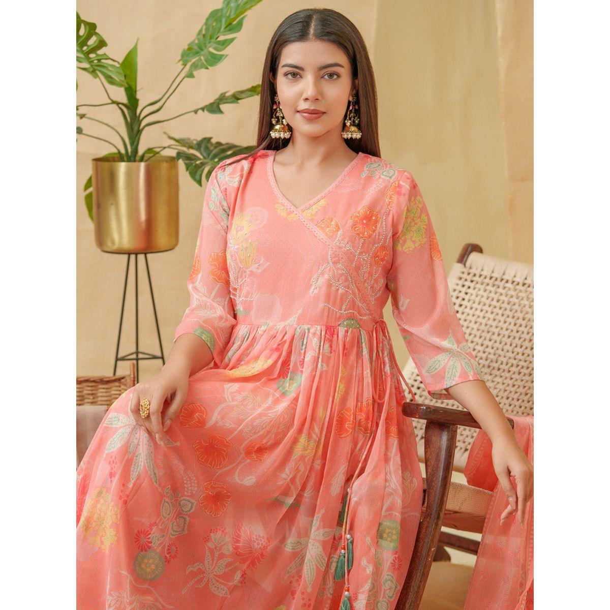 دي دبليو × ستايلي-  طقم قميص كورتا بنقشة زهور تصميم حرف A مع بلازو وشال دوباتا-women-clothing-ethnicwear-kurtasets-image-4