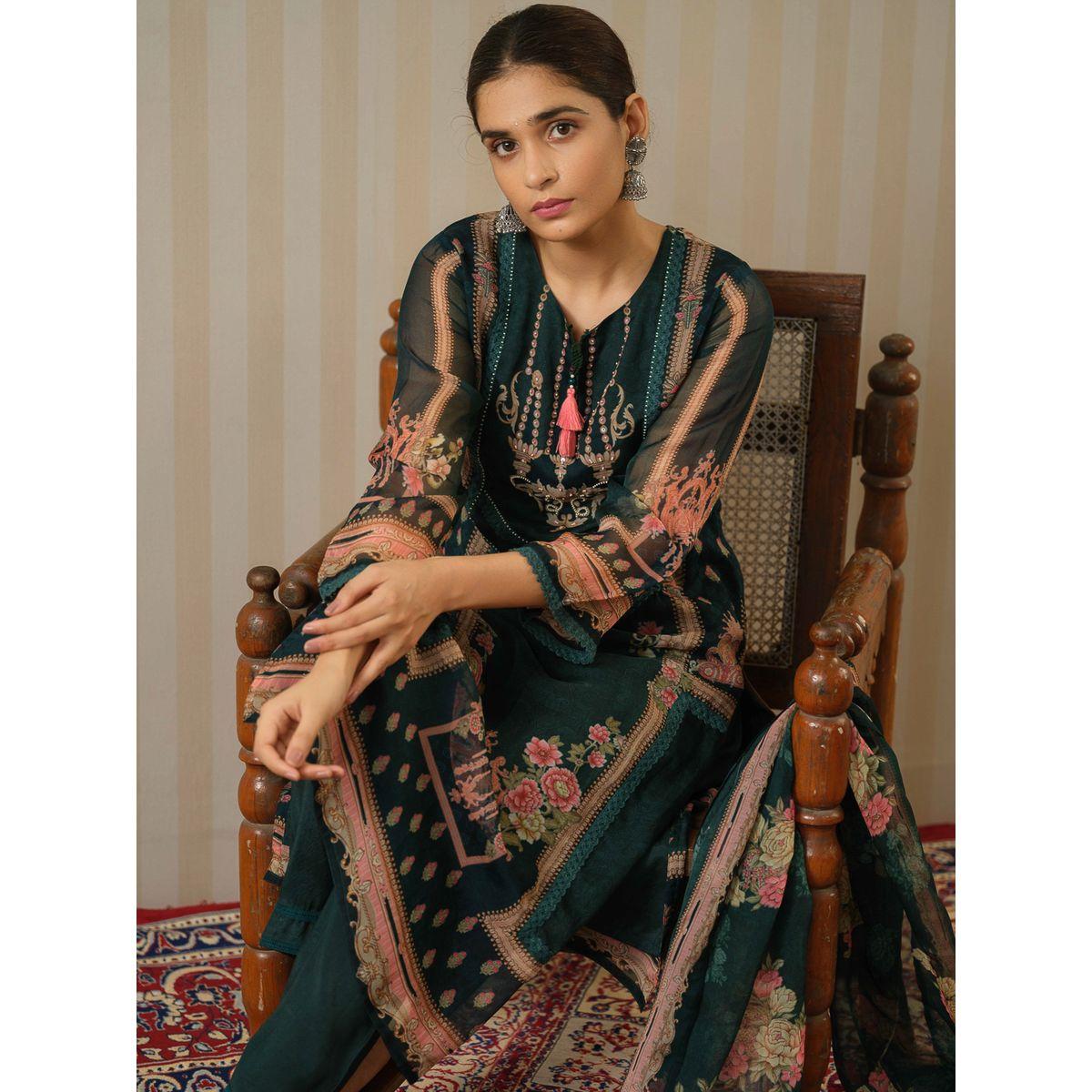 DW X Styli Floral Printed Tie-Up Neck Organza Kurta and Trouser with Dupatta Set-women-clothing-ethnicwear-kurtasets-image-1