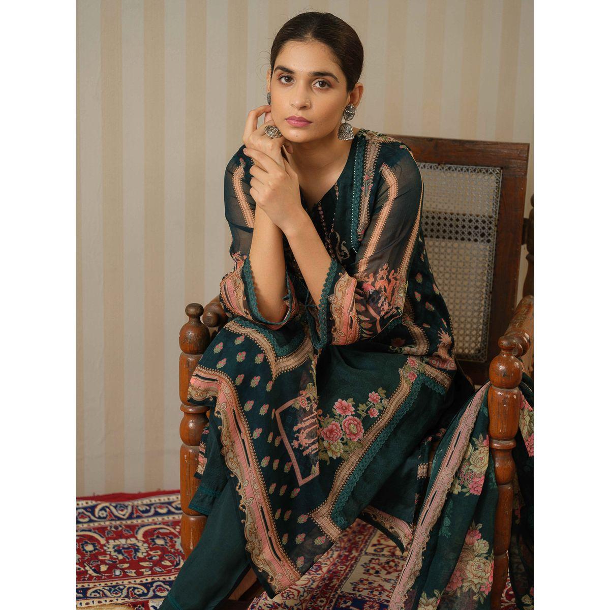 DW X Styli Floral Printed Tie-Up Neck Organza Kurta and Trouser with Dupatta Set-women-clothing-ethnicwear-kurtasets-image-2