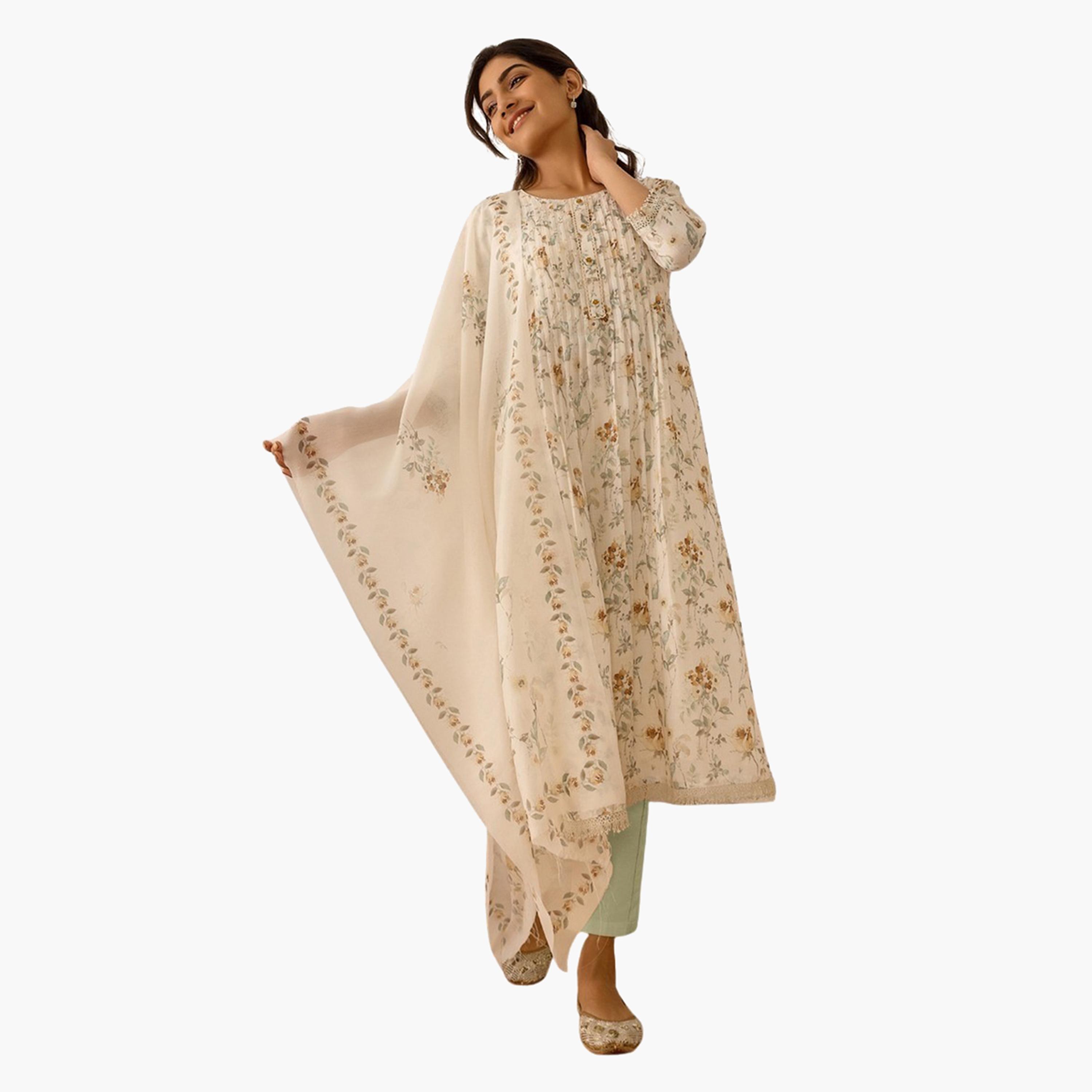 ديلي وومن × ستايلي - طقم كورتا بنقشة زهور مع بنطال ووشاح دوباتا-women-clothing-ethnicwear-kurtasets-image-1