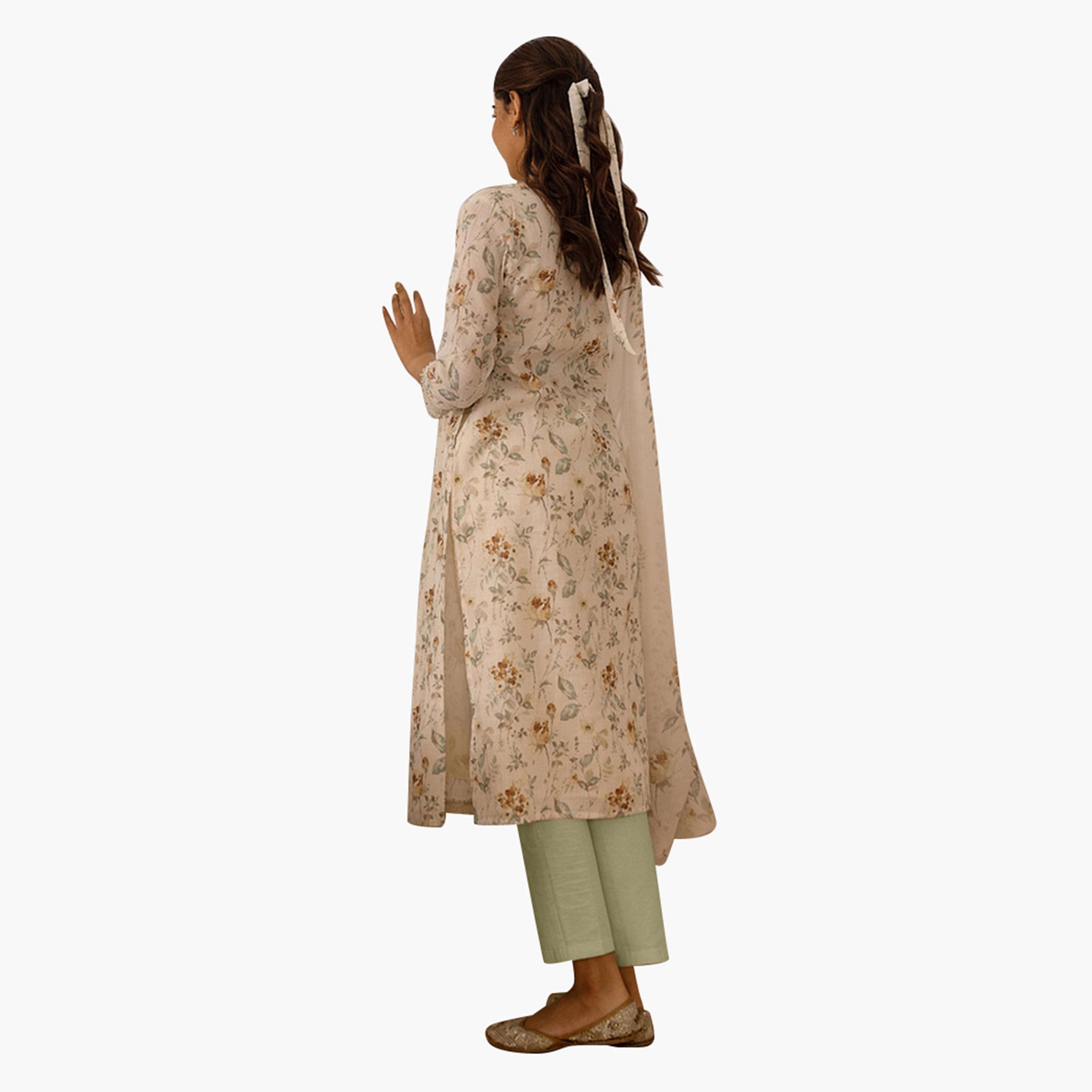 ديلي وومن × ستايلي - طقم كورتا بنقشة زهور مع بنطال ووشاح دوباتا-women-clothing-ethnicwear-kurtasets-image-2