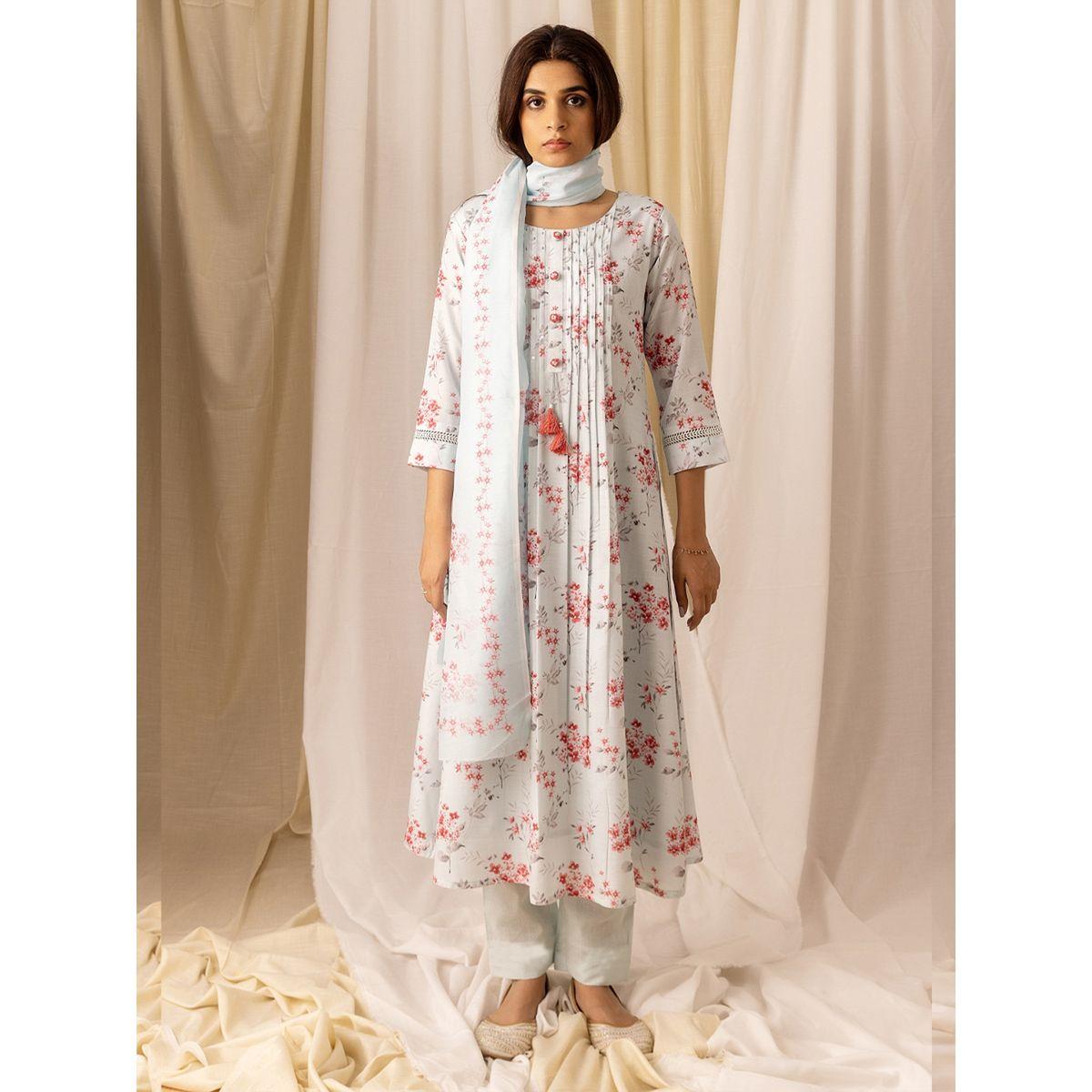 دي دبليو × ستايلي-  طقم قميص كورتا من الكتان بطبعة زهور مع بنطلون ووشاح-women-clothing-ethnicwear-kurtasets-image-1