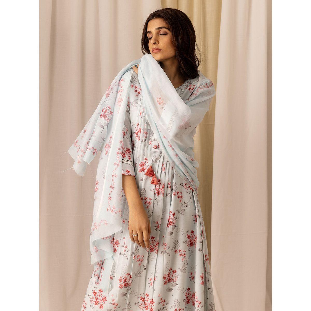 دي دبليو × ستايلي-  طقم قميص كورتا من الكتان بطبعة زهور مع بنطلون ووشاح-women-clothing-ethnicwear-kurtasets-image-4