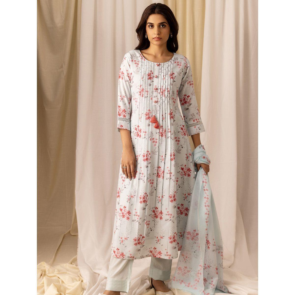 DW X Styli Floral Printed Linen A-Line Kurta with Trousers and Dupatta Set-women-clothing-ethnicwear-kurtasets-image-5
