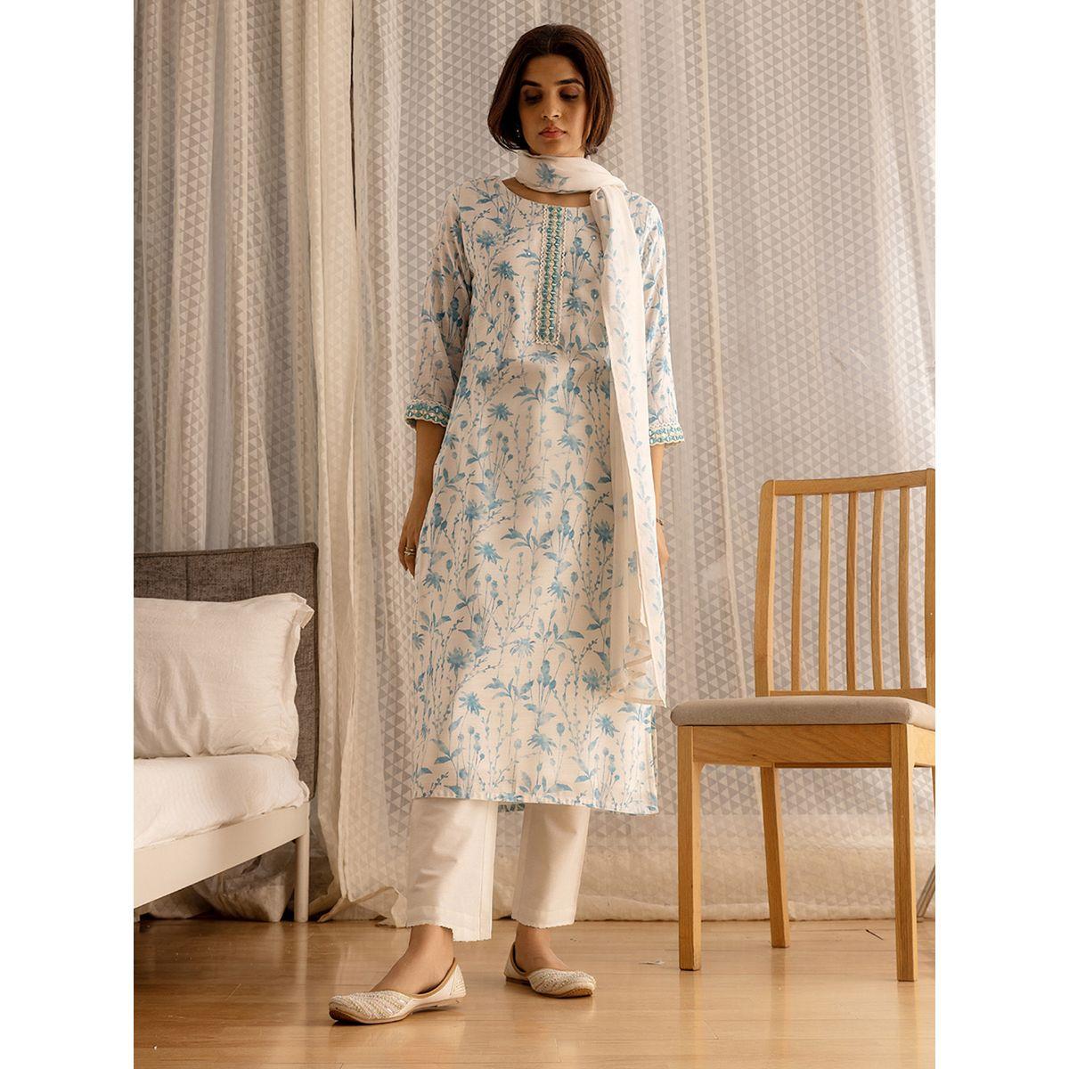 دي دبليو × ستايلي-  طقم قميص كورتا وبنطلون مع شال دوباتا مطرز بطبعات أزهار-women-clothing-ethnicwear-kurtasets-image-1