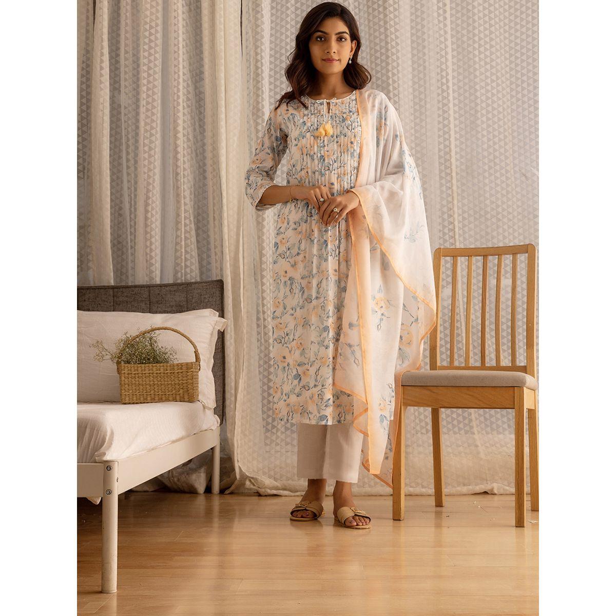 دي دبليو × ستايلي - طقم كورتا من الكتان المطبوع والمطرز بقصة A مع بنطال ووشاح دوباتا-women-clothing-ethnicwear-kurtasets-image-1