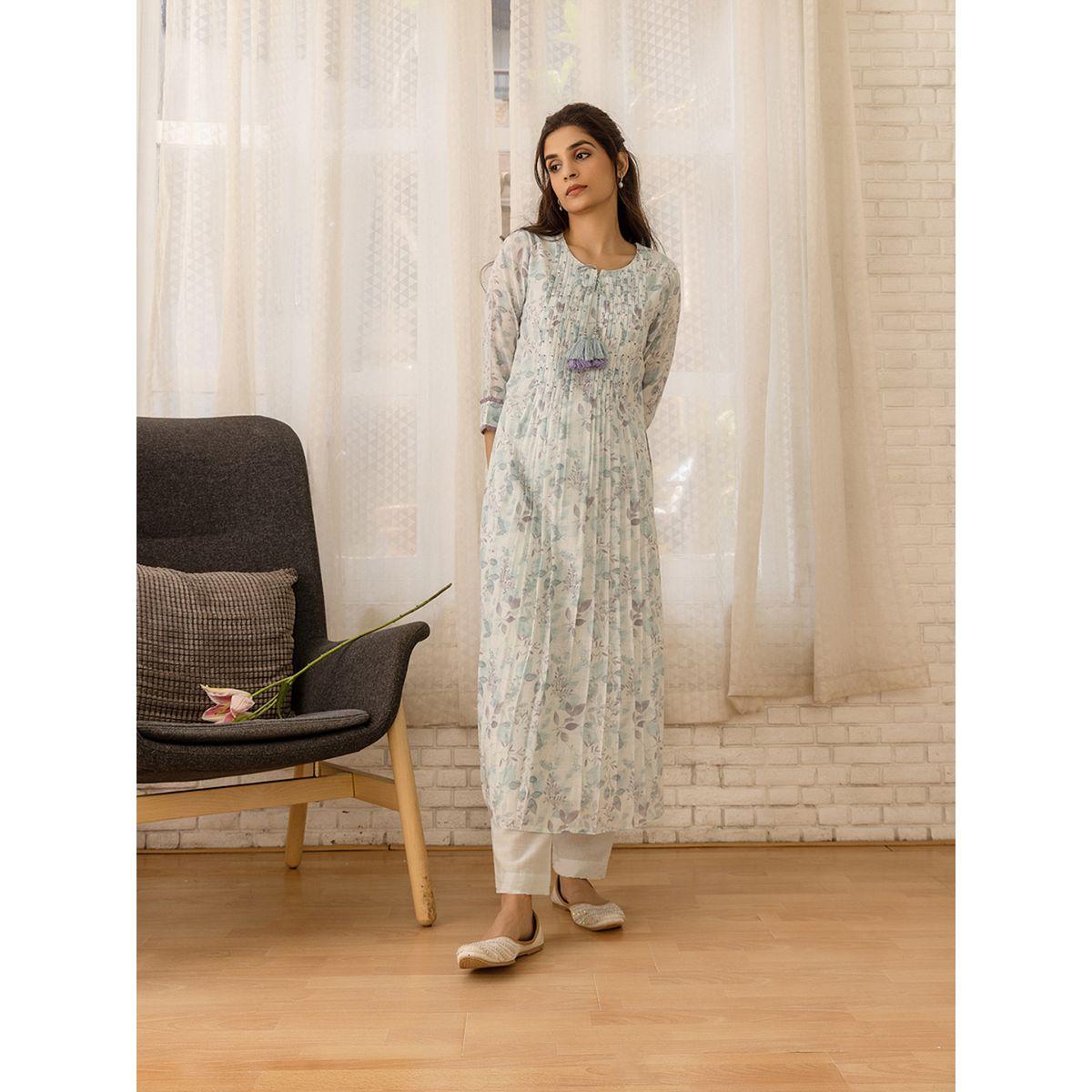 دي دبليو × ستايلي - طقم كورتا مطبوع برقبة دائرية بقصة A مع بنطال-women-clothing-ethnicwear-kurtasets-image-1