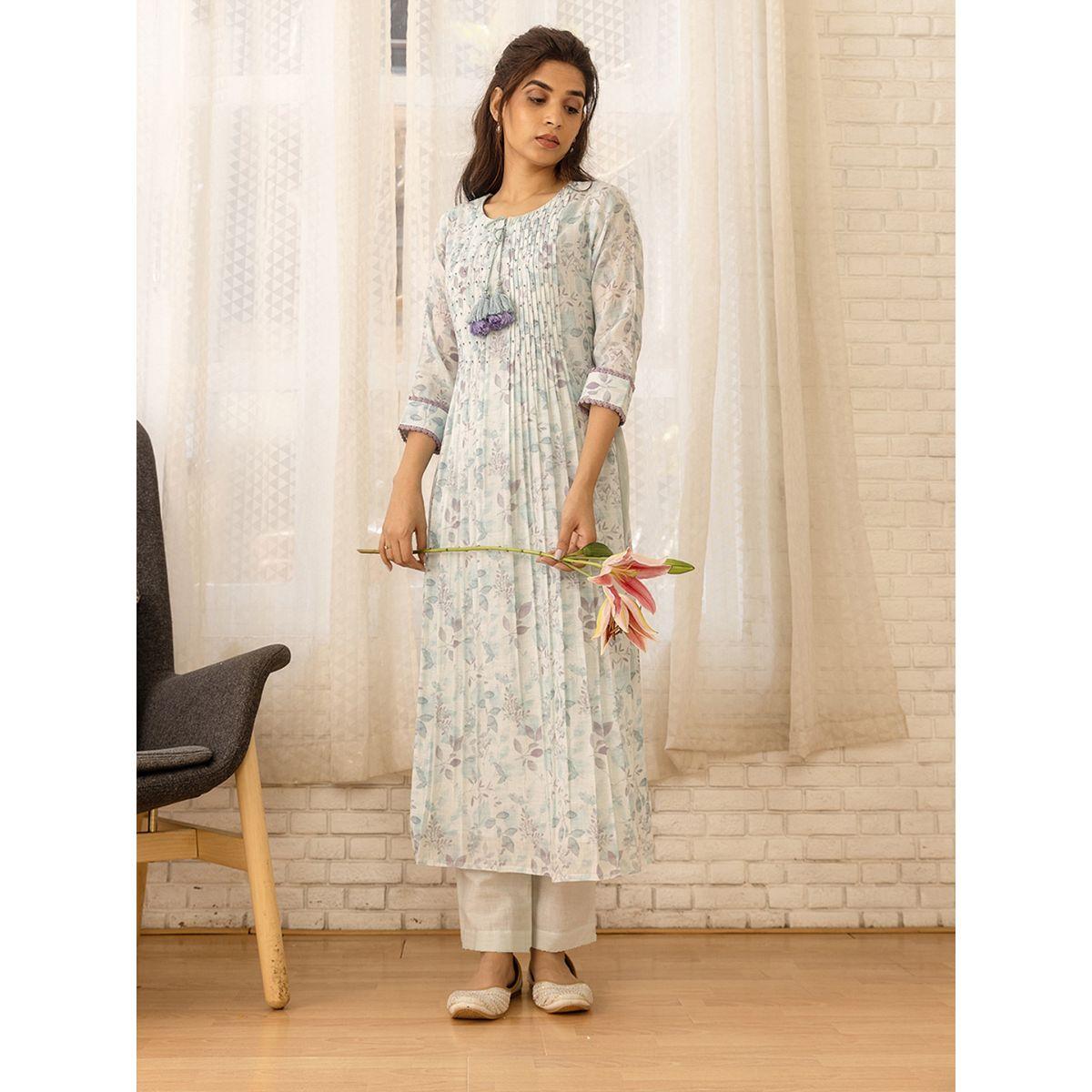دي دبليو × ستايلي - طقم كورتا مطبوع برقبة دائرية بقصة A مع بنطال-women-clothing-ethnicwear-kurtasets-image-3