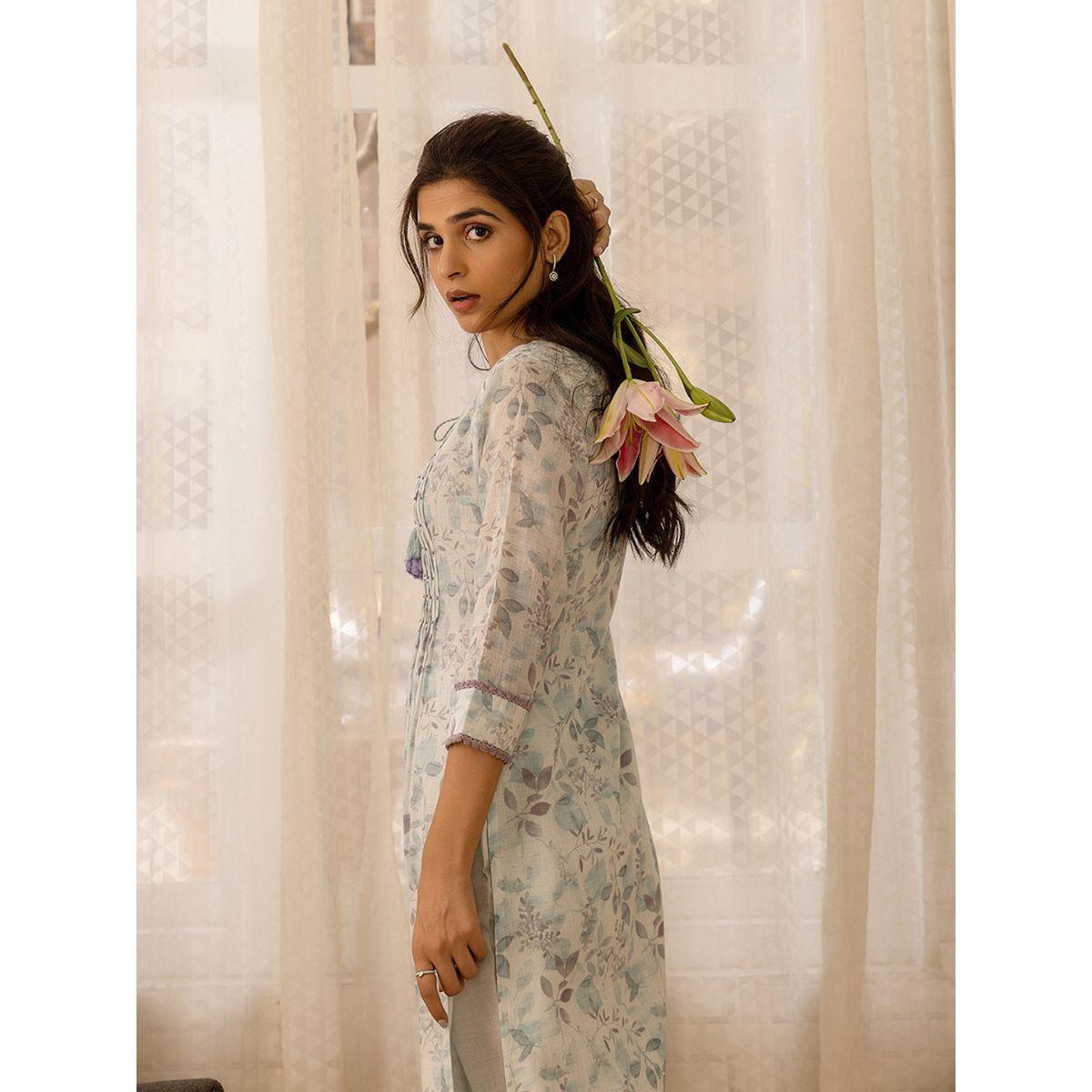 دي دبليو × ستايلي - طقم كورتا مطبوع برقبة دائرية بقصة A مع بنطال-women-clothing-ethnicwear-kurtasets-image-4