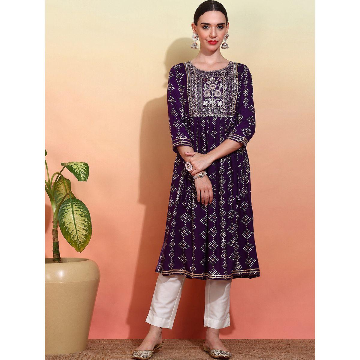 دي دبليو × ستايلي - كورتا مطبوعة برقبة دائرية مطرزة بقصة A-women-clothing-ethnicwear-kurtas-image-1