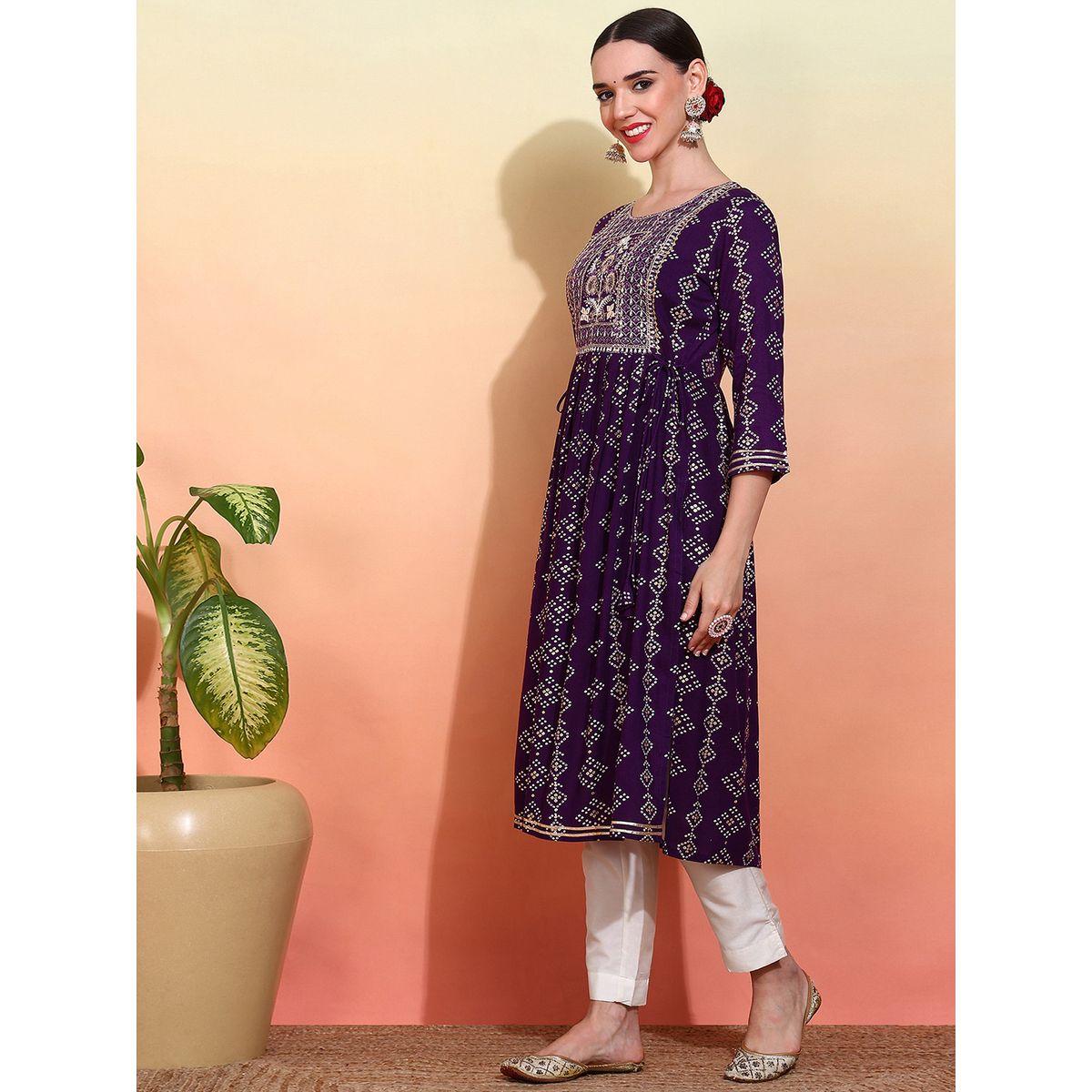 دي دبليو × ستايلي - كورتا مطبوعة برقبة دائرية مطرزة بقصة A-women-clothing-ethnicwear-kurtas-image-3