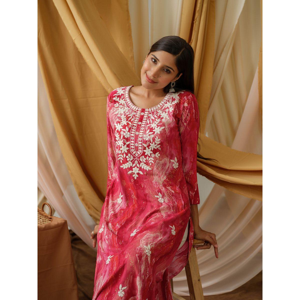 دي دبليو × ستايلي - كورتا مستقيمة مطبوعة ومطرزة برقبة مستديرة-women-clothing-ethnicwear-kurtas-image-5
