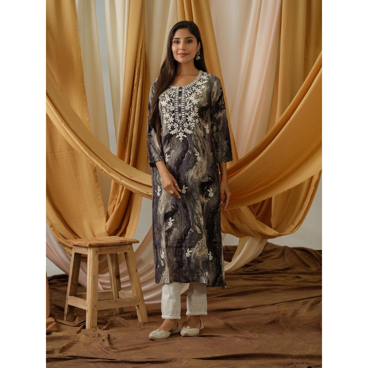 دي دبليو × ستايلي-  قميص كورتا مستقيم رقبة مستديرة مطرزة بالزهور-women-clothing-ethnicwear-kurtas-image-1