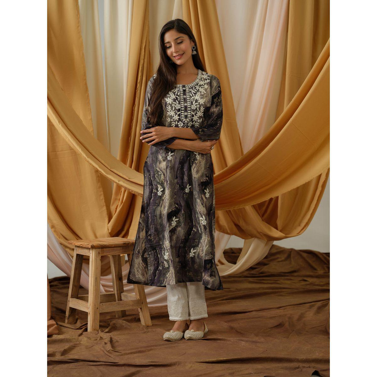 دي دبليو × ستايلي-  قميص كورتا مستقيم رقبة مستديرة مطرزة بالزهور-women-clothing-ethnicwear-kurtas-image-5