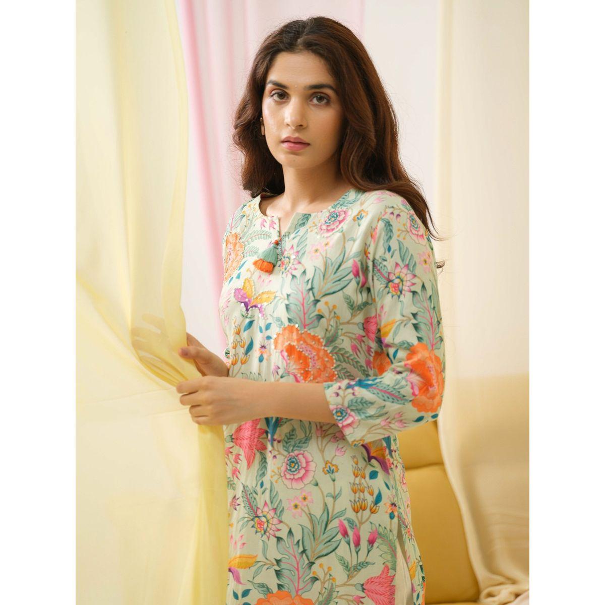دي دبليو × ستايلي-  قميص كورتا مستقيم مطبوع بالورود-women-clothing-ethnicwear-kurtas-image-3