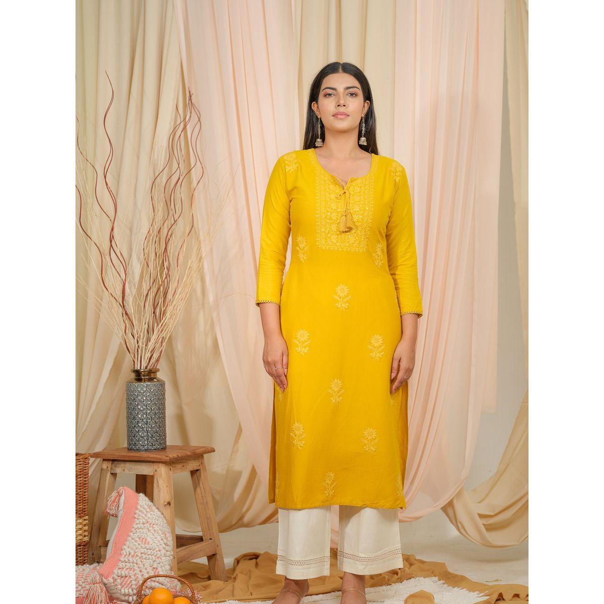 دي دبليو × ستايلي-  قميص كورتا مستقيمة برباط حول الرقبة مطرز بالزهور-women-clothing-ethnicwear-kurtas-image-1
