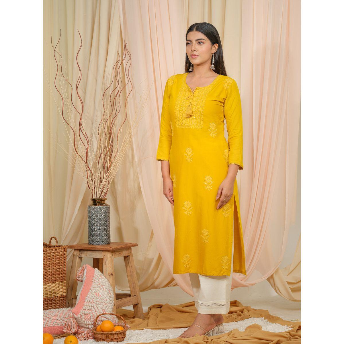 دي دبليو × ستايلي-  قميص كورتا مستقيمة برباط حول الرقبة مطرز بالزهور-women-clothing-ethnicwear-kurtas-image-3