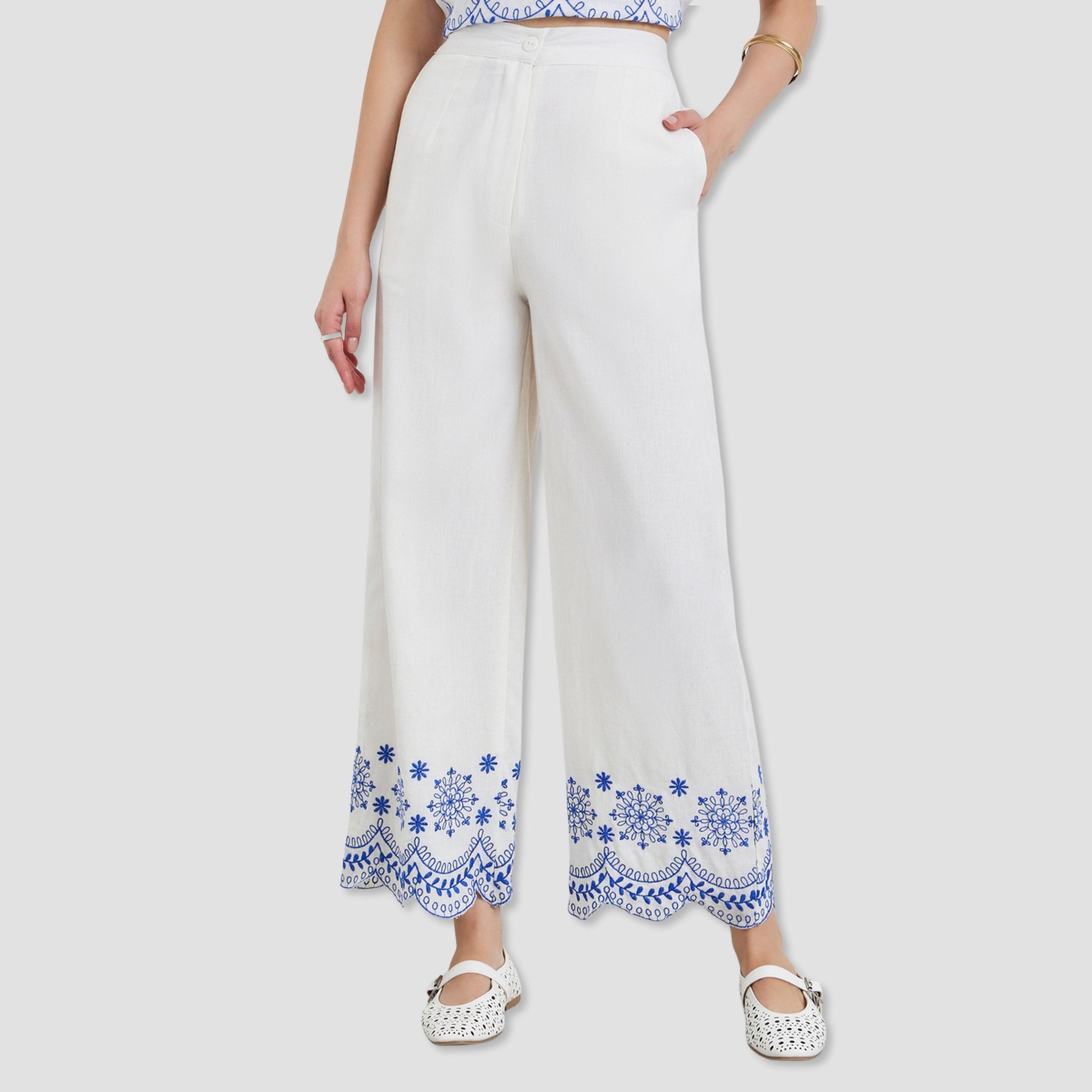 ستايلي - بنطال نسائي مستقيم الساق بحافة مطرزة-women-clothing-bottoms-trousers-image-1