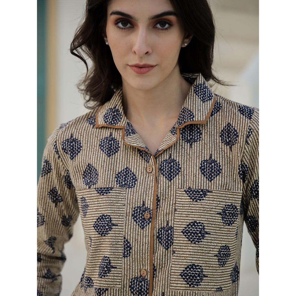 Sanskrutihomes Printed Buttoned Long Sleeve Shirt and Pyjama Set-women-clothing-nightwear-pyjamas-longsets-image-4