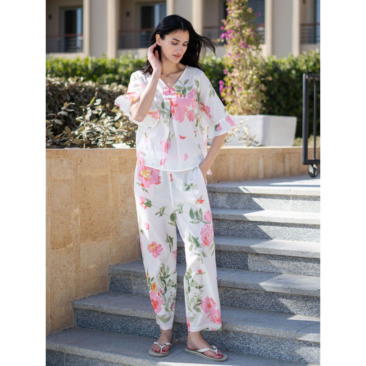 Sanskrutihomes Floral Printed Pure Cotton Top and Straight Pyjama Set-women-clothing-nightwear-pyjamas-longsets-image-1
