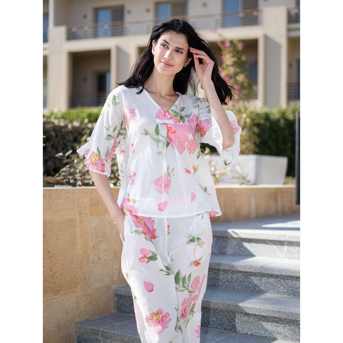 Sanskrutihomes Floral Printed Pure Cotton Top and Straight Pyjama Set-women-clothing-nightwear-pyjamas-longsets-image-2