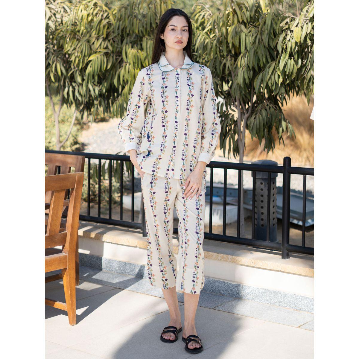 Sanskrutihomes Floral Printed Pure Cotton Shirt and Straight Pyjama Set-women-clothing-nightwear-pyjamas-longsets-image-1