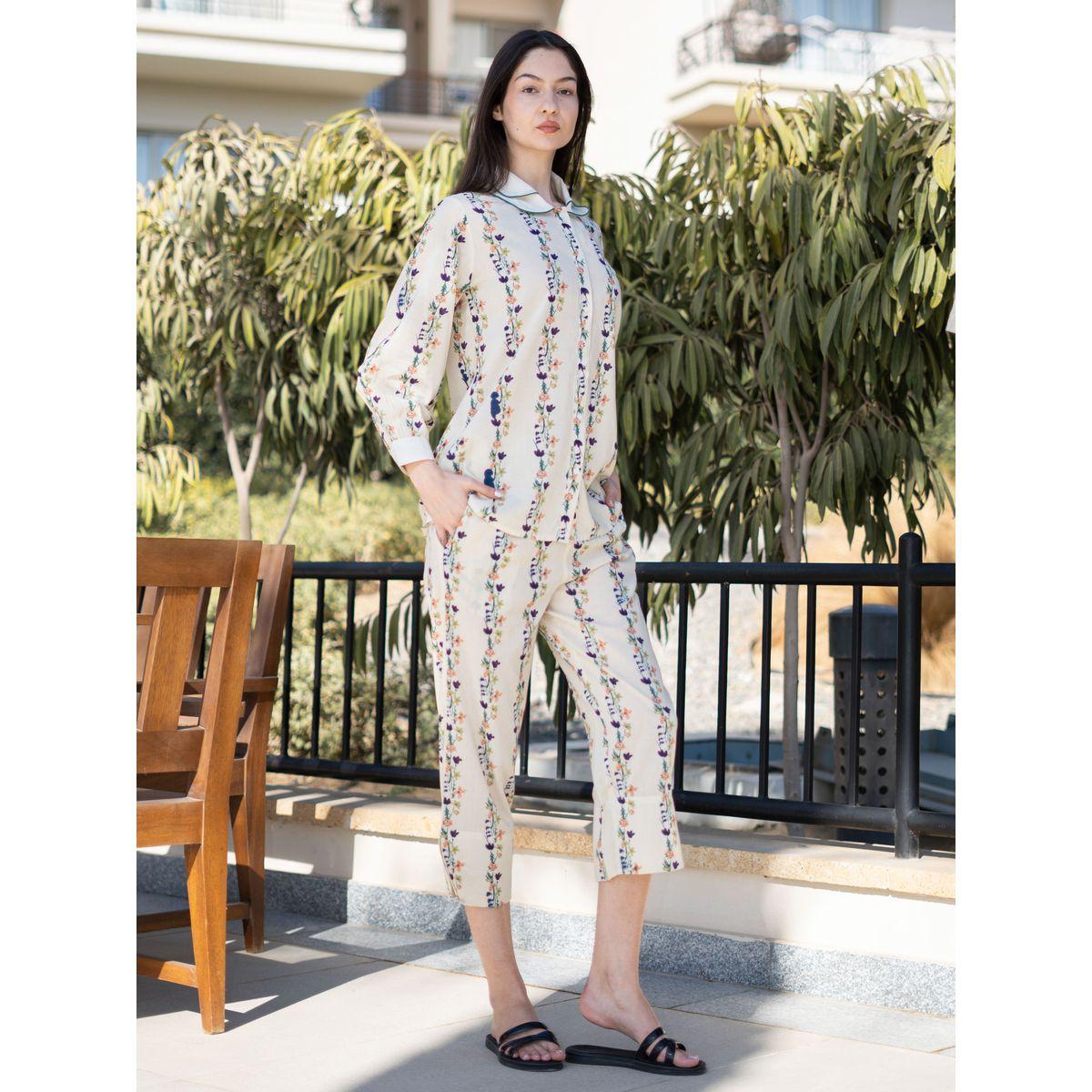 Sanskrutihomes Floral Printed Pure Cotton Shirt and Straight Pyjama Set-women-clothing-nightwear-pyjamas-longsets-image-2