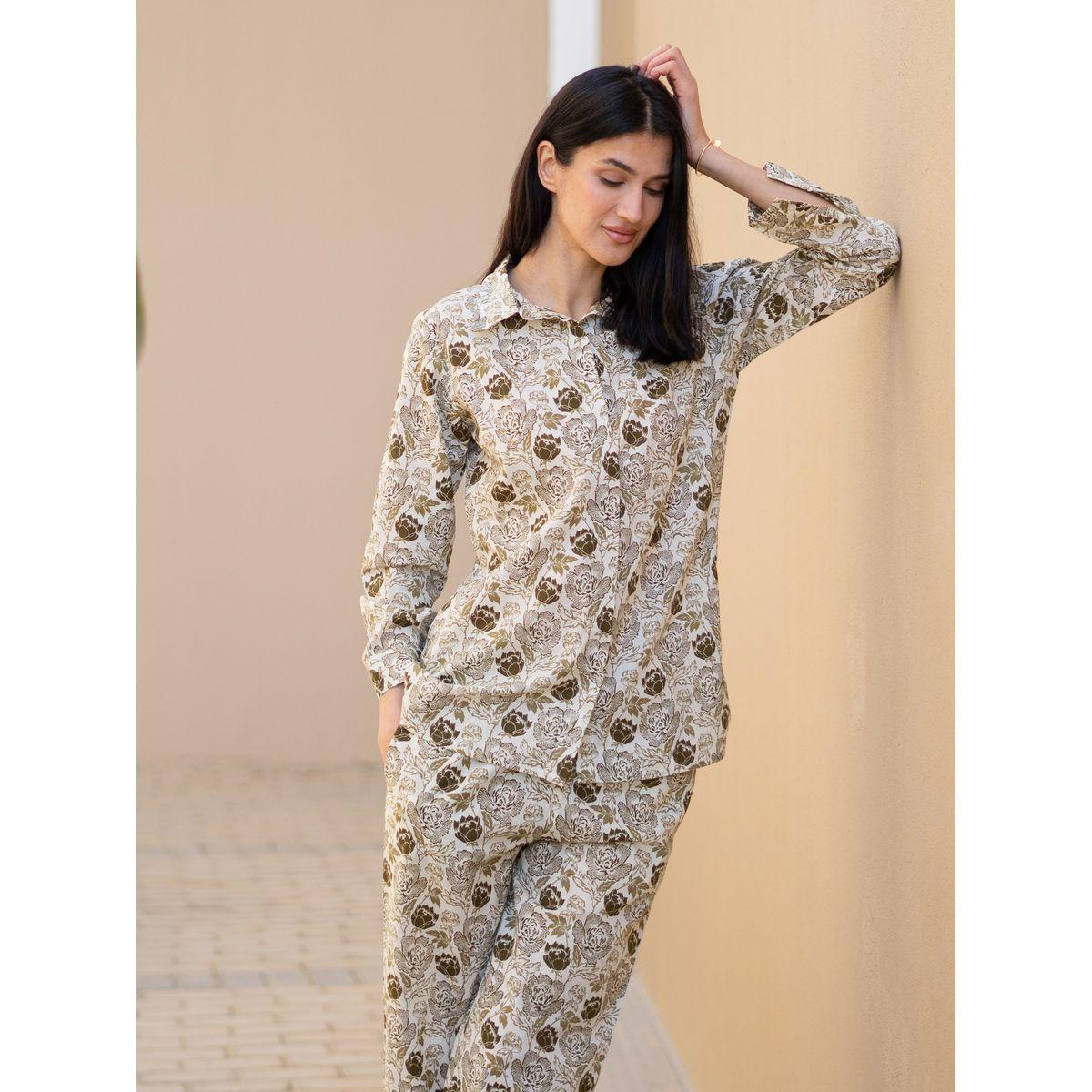 Sanskrutihomes Floral Printed Pure Cotton Shirt and Straight Pyjama Set-women-clothing-nightwear-pyjamas-longsets-image-4