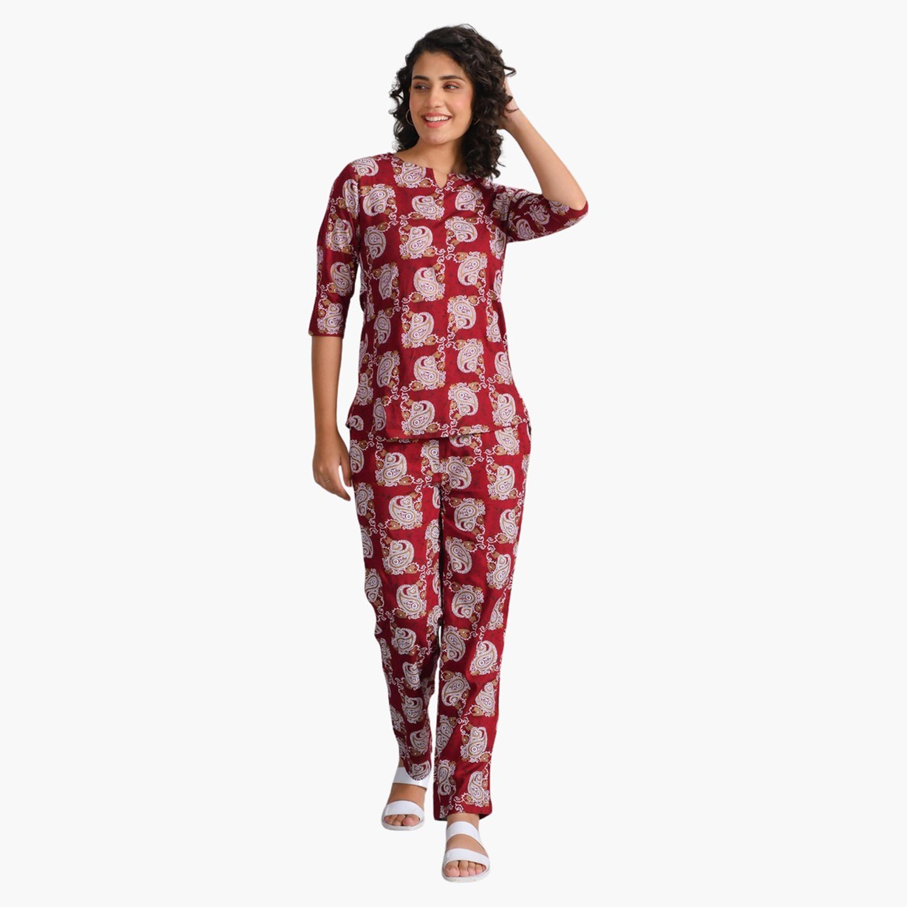Sanskrutihomes X Styli Printed Notch Neck Longline Top and Pyjama Set-women-clothing-nightwear-pyjamas-longsets-image-1