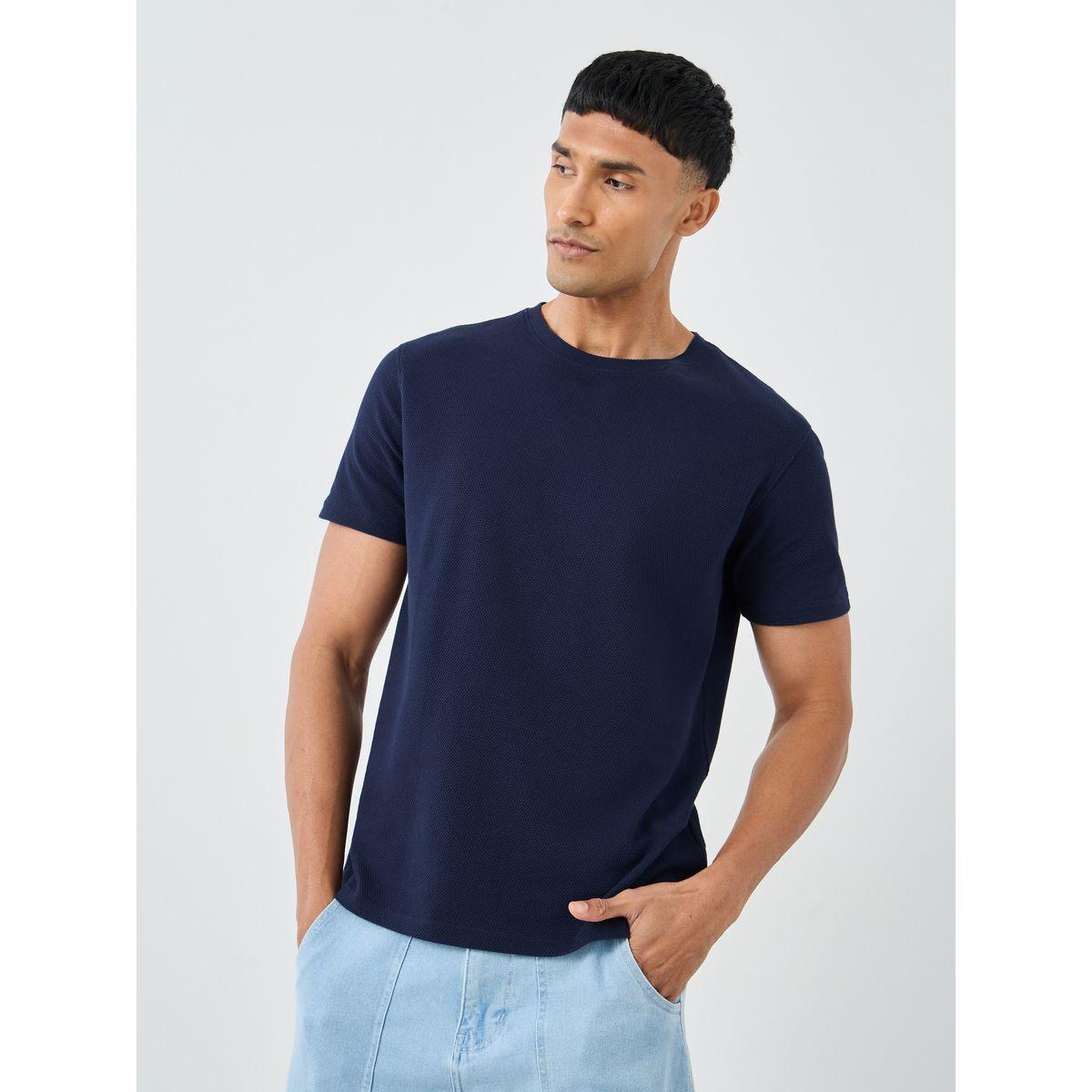 Styli Men Navy Blue Popcorn Textured Knit Crew Neck T-Shirt-men-clothing-tshirtsandpolos-tshirts-image-1