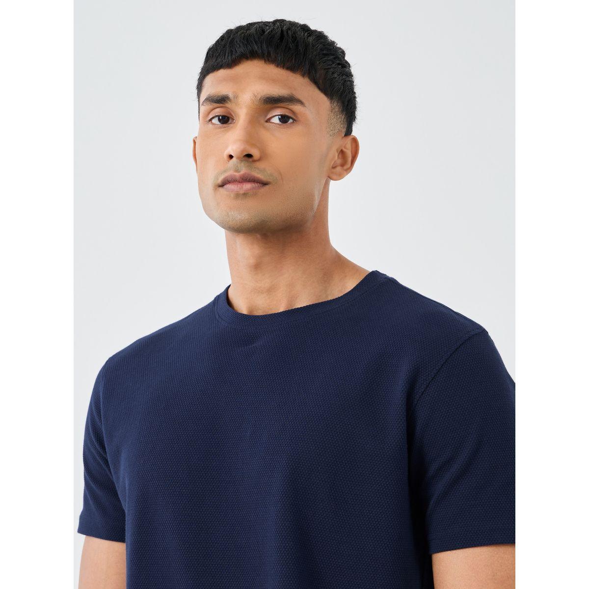 Styli Men Navy Blue Popcorn Textured Knit Crew Neck T-Shirt-men-clothing-tshirtsandpolos-tshirts-image-3