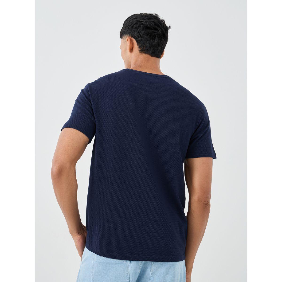 Styli Men Navy Blue Popcorn Textured Knit Crew Neck T-Shirt-men-clothing-tshirtsandpolos-tshirts-image-4