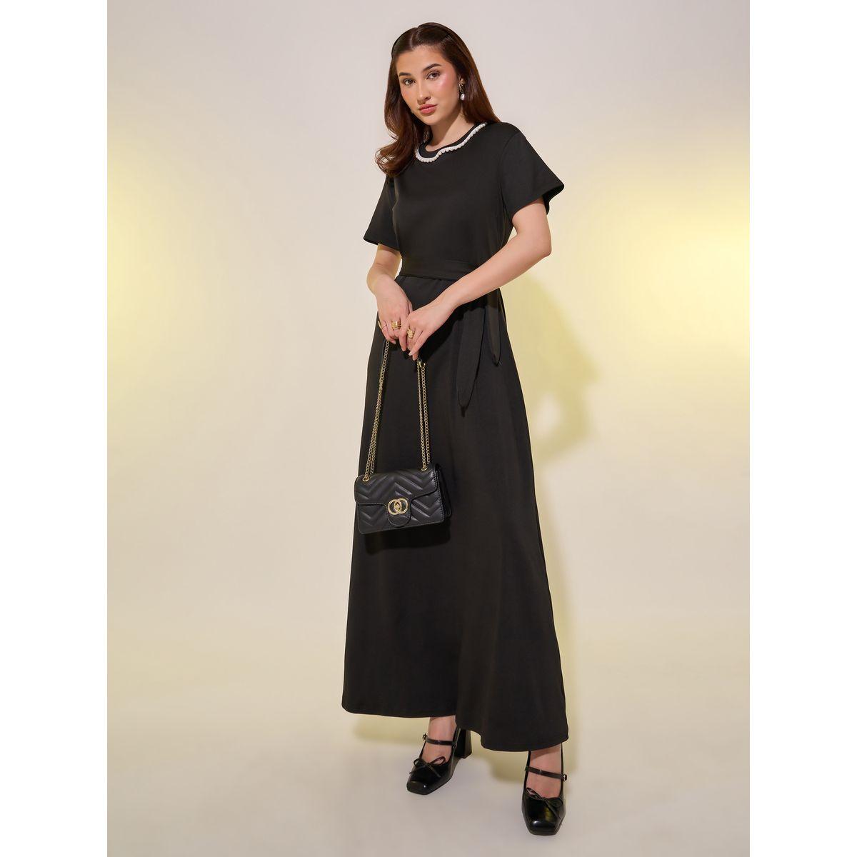 Styli Faux Pearl Detail Belted A-Line Maxi Dress-women-clothing-dresses-image-2