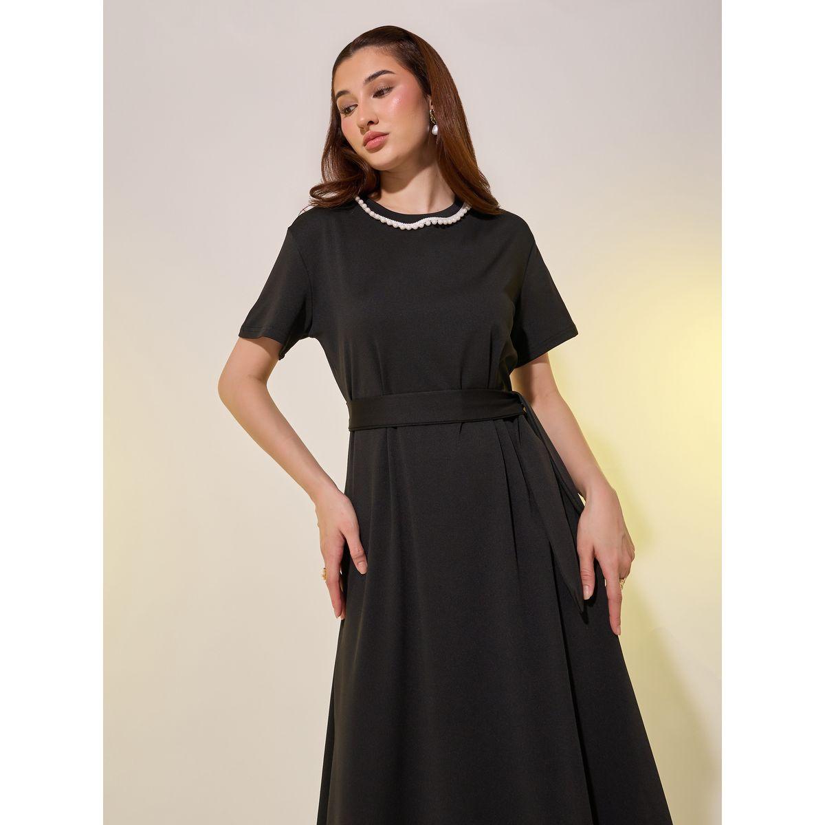 Styli Faux Pearl Detail Belted A-Line Maxi Dress-women-clothing-dresses-image-3