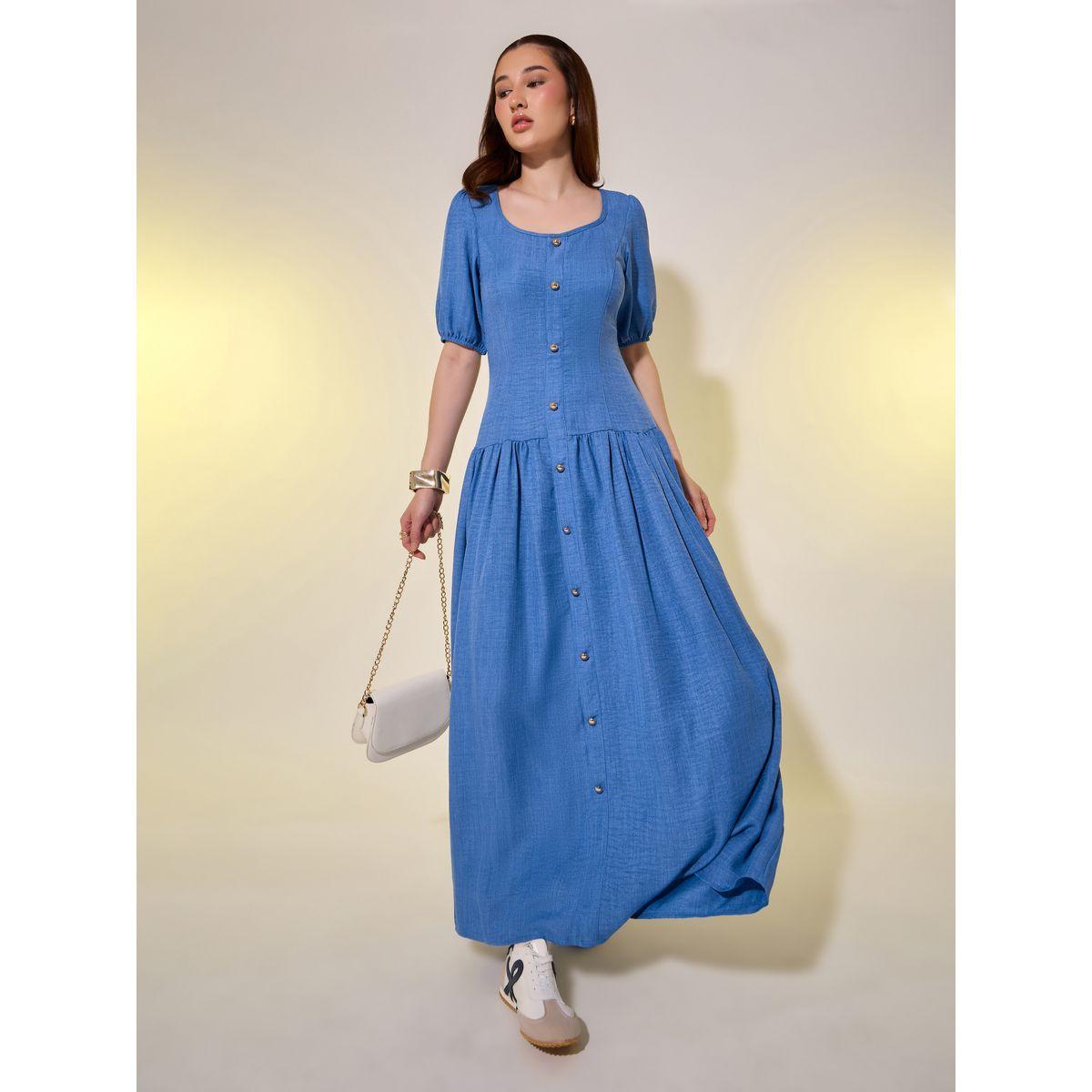 Styli Solid Puff Sleeves A-Line Maxi Dress with Button Detail-women-clothing-dresses-image-1
