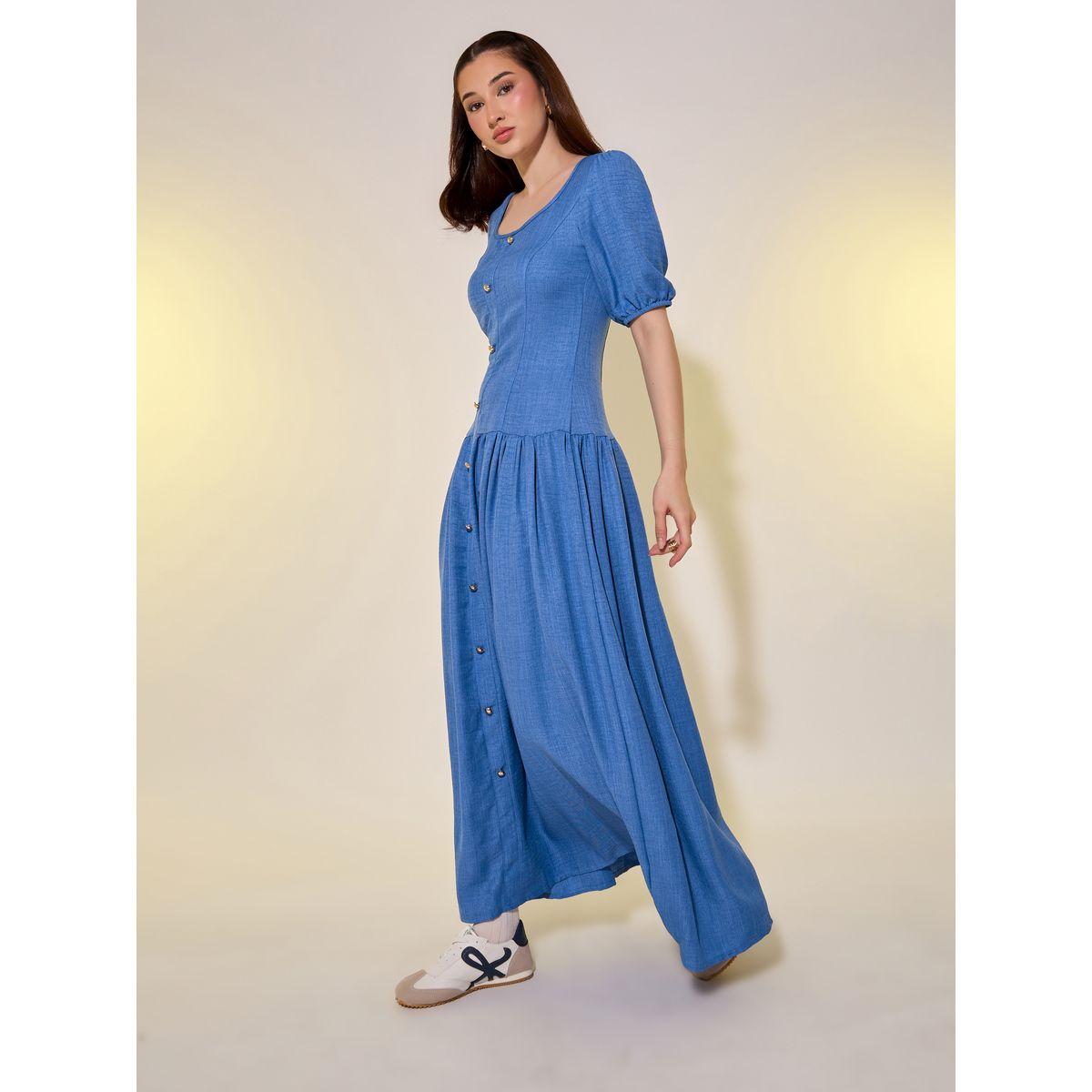 Styli Solid Puff Sleeves A-Line Maxi Dress with Button Detail-women-clothing-dresses-image-2