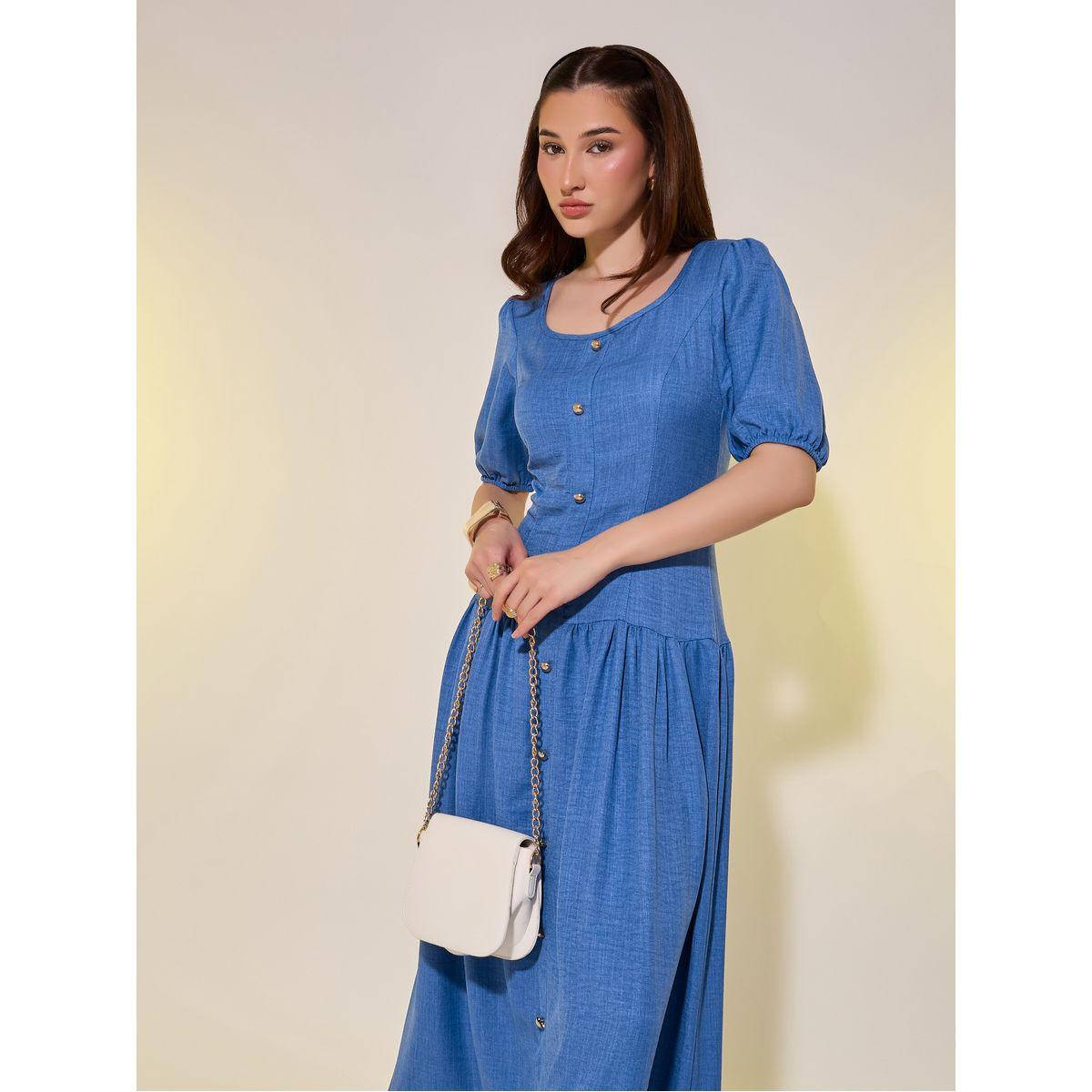 Styli Solid Puff Sleeves A-Line Maxi Dress with Button Detail-women-clothing-dresses-image-3